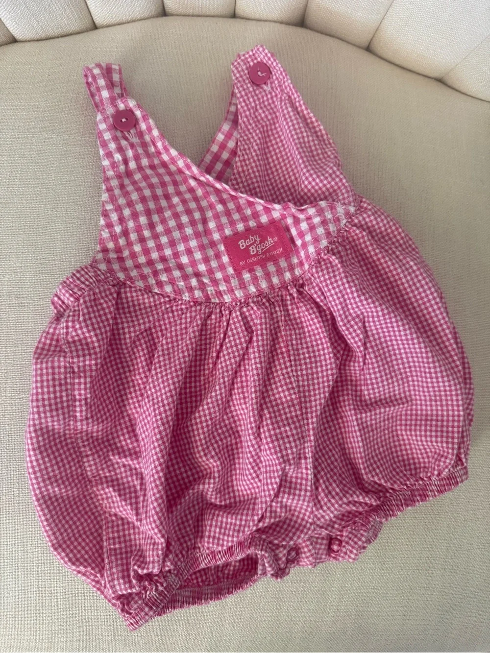 18mos vintage OshKosh Baby B'gosh VESTBAK gingham PINK romper overalls COTTON